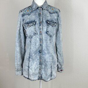 RRR Womens Southwestern Shirt Denim Snap Embroidered Indigo Acid Wash